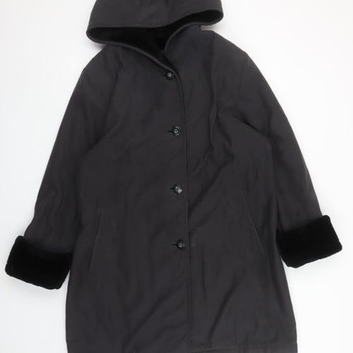 BHS Womens Black Faux Fur Trim Hooded Mid-Length Coat Size 12