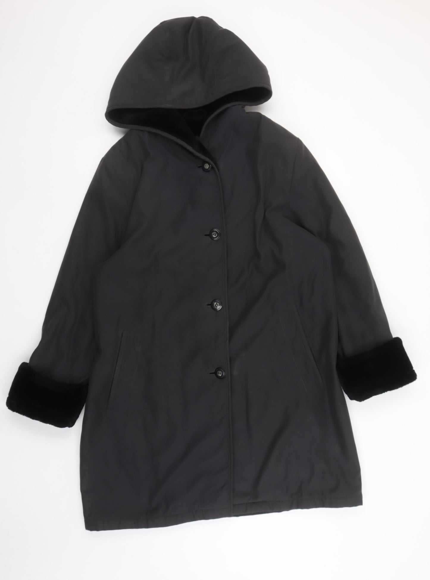 BHS Womens Black Faux Fur Trim Hooded Mid-Length Coat Size 12