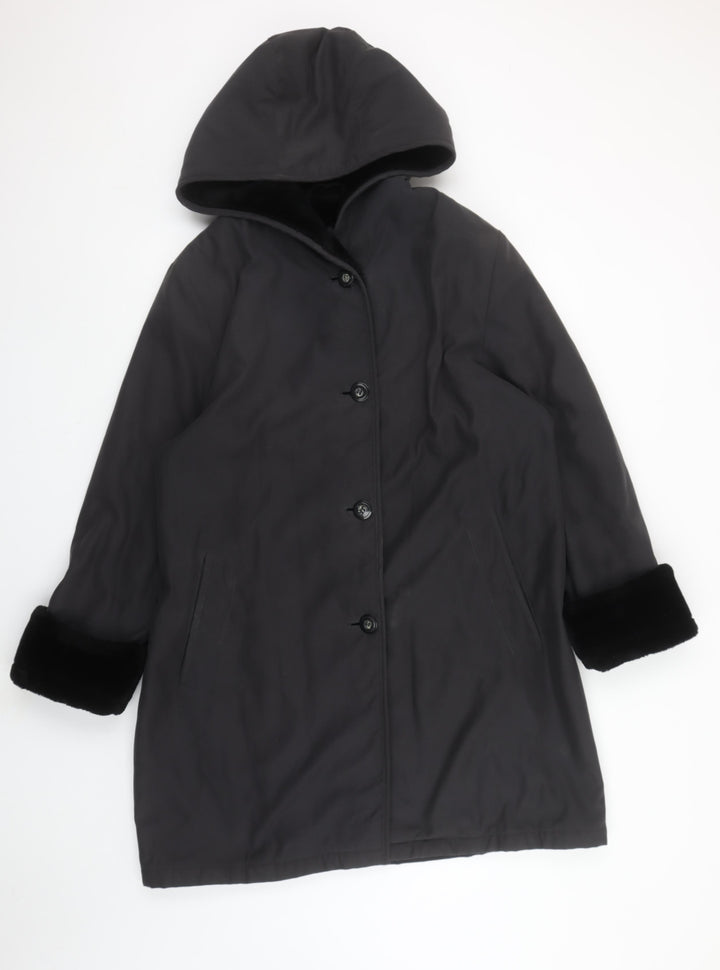 BHS Womens Black Faux Fur Trim Hooded Mid-Length Coat Size 12