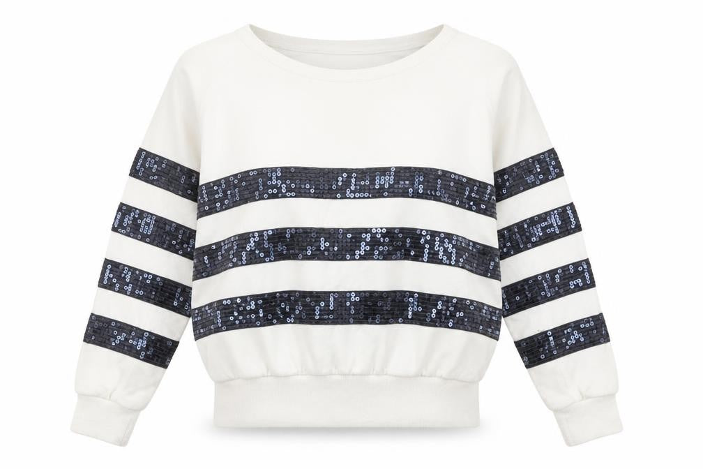 Front view of Next Women’s Ivory Sequin Stripe Pullover Sweatshirt, size UK 8