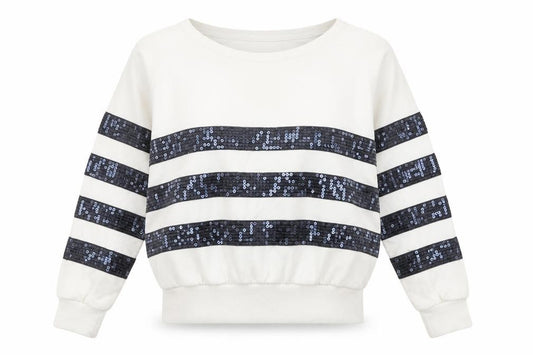 Front view of Next Women’s Ivory Sequin Stripe Pullover Sweatshirt, size UK 8