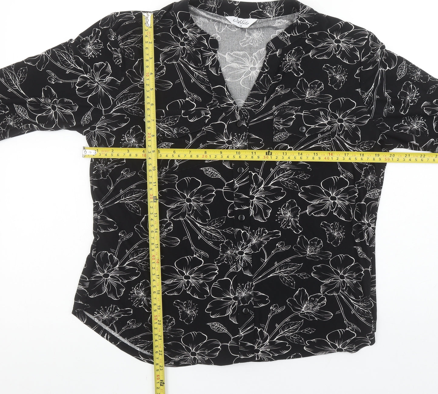 Classic Women’s Black Floral Long Sleeve V-Neck Blouse Size 14