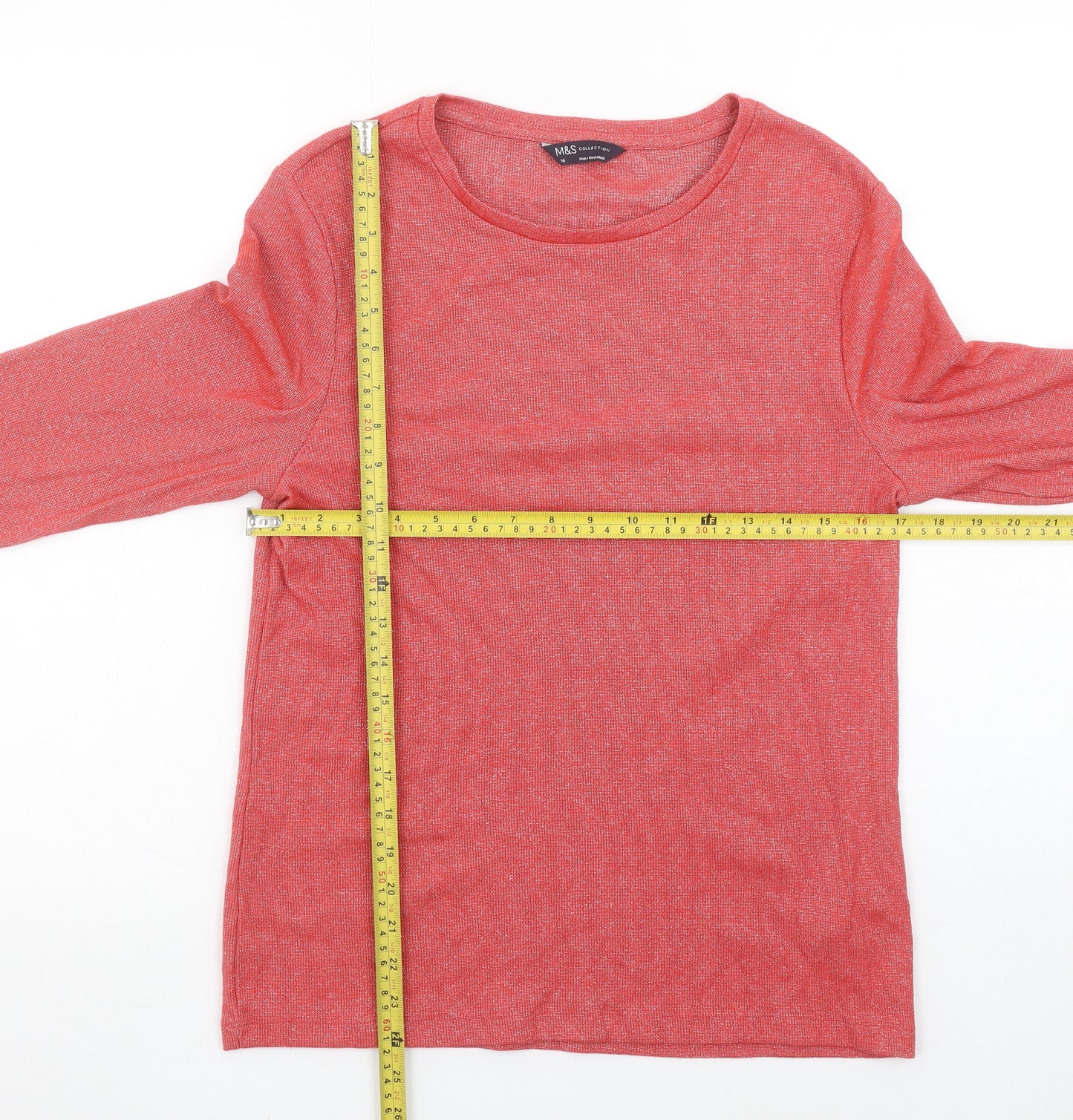 Marks and Spencer Women's Red Long Sleeve Cotton Blend T-Shirt Size 16