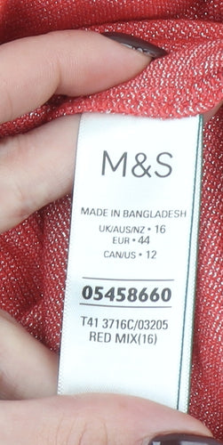 Marks and Spencer Women's Red Long Sleeve Cotton Blend T-Shirt Size 16