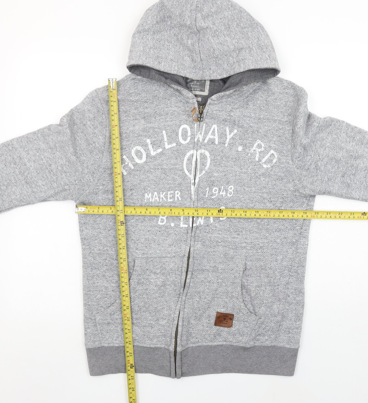 River Island Men's Grey Full Zip Hoodie M Graphic Print Holloway Rd