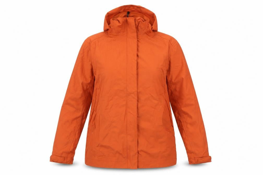Front view of Quechua Women’s Orange Lightweight Waterproof Jacket, size UK 10