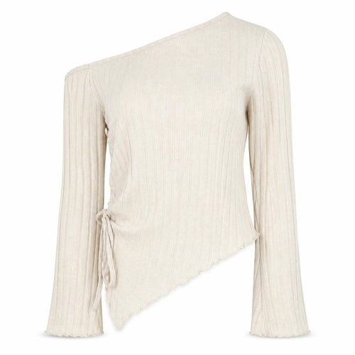 SHEIN Women Beige One Shoulder Wrap Knit Blouse L Long Sleeve