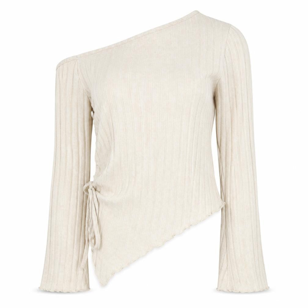 SHEIN Women Beige One Shoulder Wrap Knit Blouse L Long Sleeve
