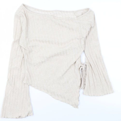 SHEIN Women Beige One Shoulder Wrap Knit Blouse L Long Sleeve
