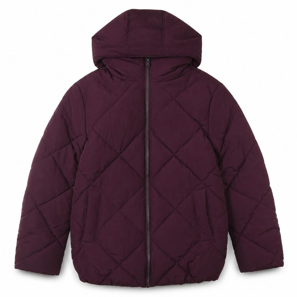 Front view of ASOS women’s purple quilted hooded puffer jacket, size UK 8