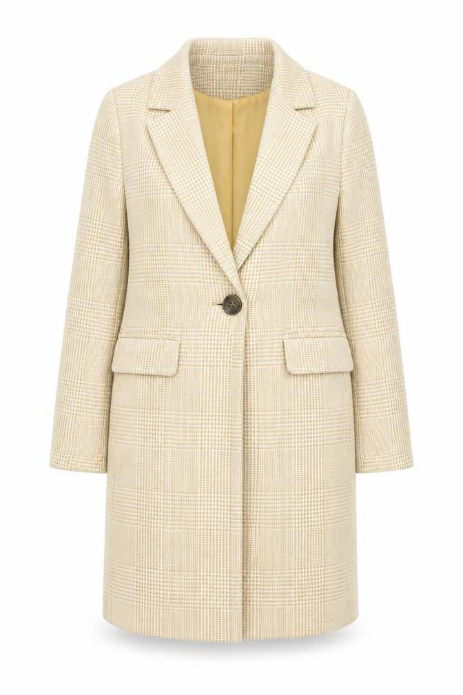 New Look Women's Beige Check Tweed Mid-Length Overcoat UK 6