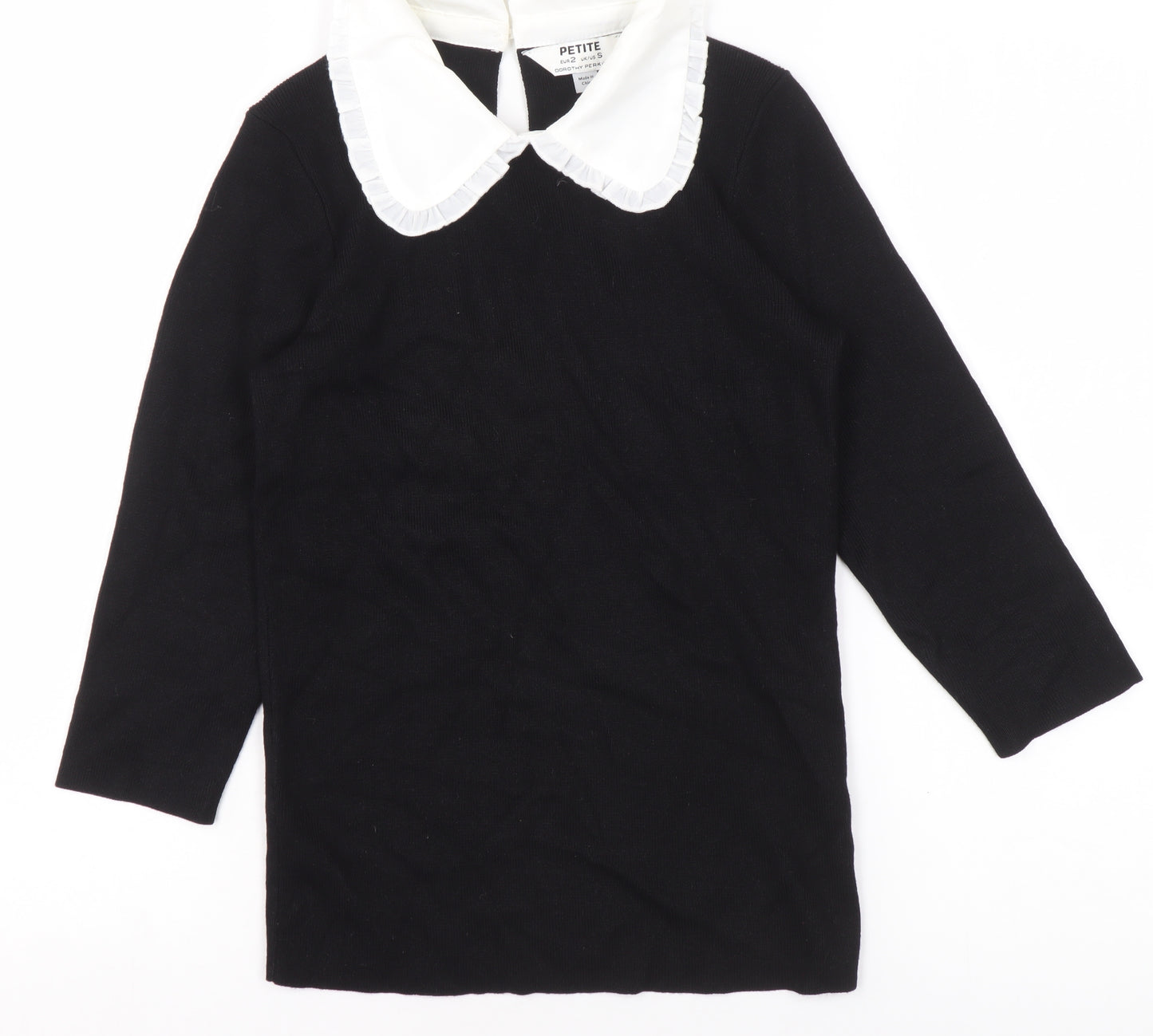 Dorothy Perkins Petite Women's Black Collared 3/4 Sleeve Pullover Jumper Size S