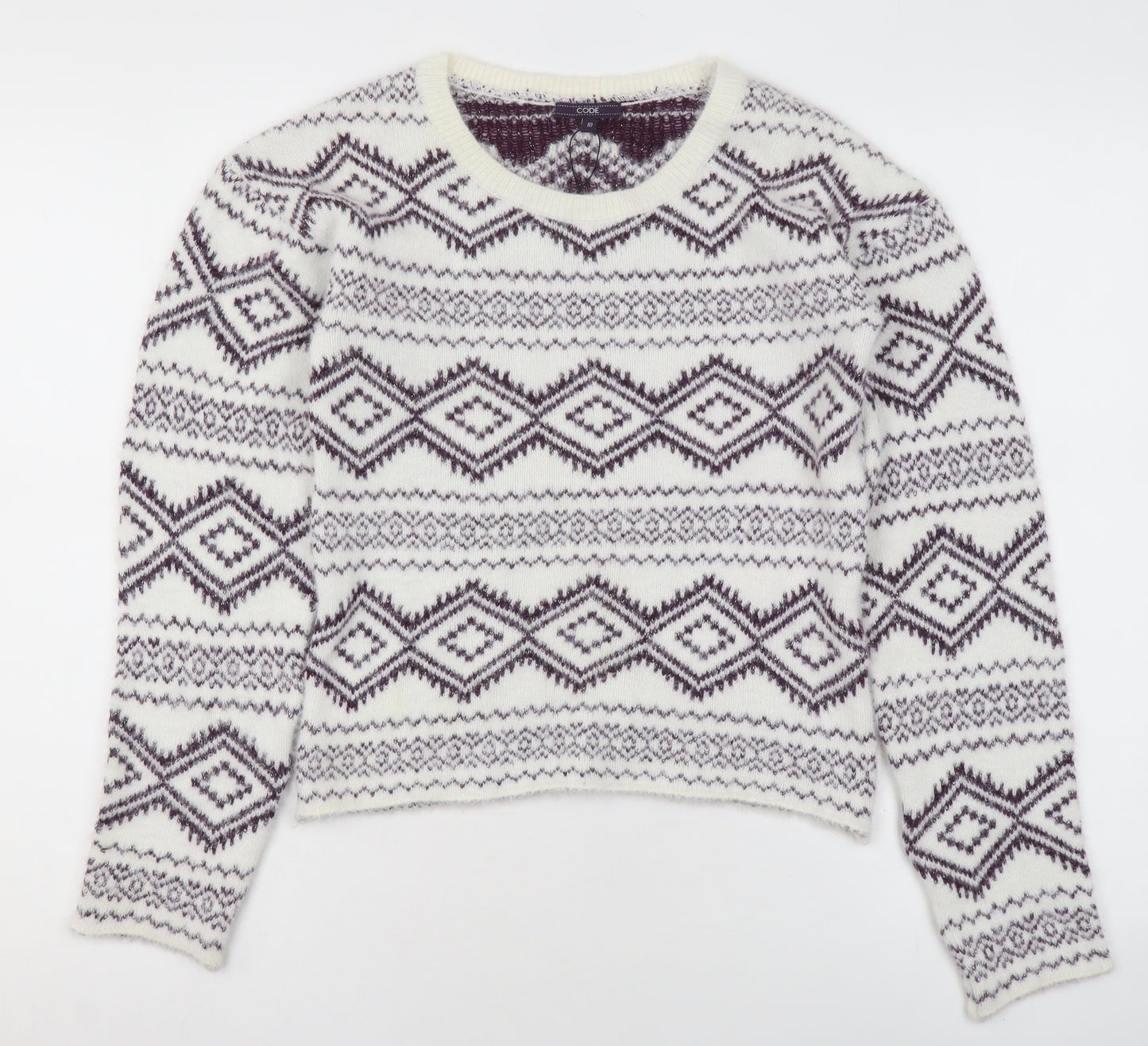 CODE Women White Geometric Knit Jumper Size 10 Winter Pullover