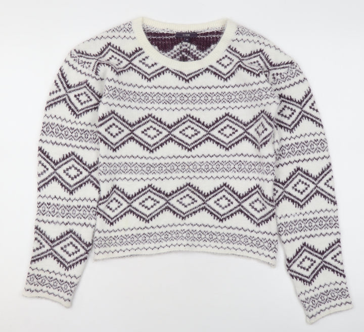 CODE Women White Geometric Knit Jumper Size 10 Winter Pullover