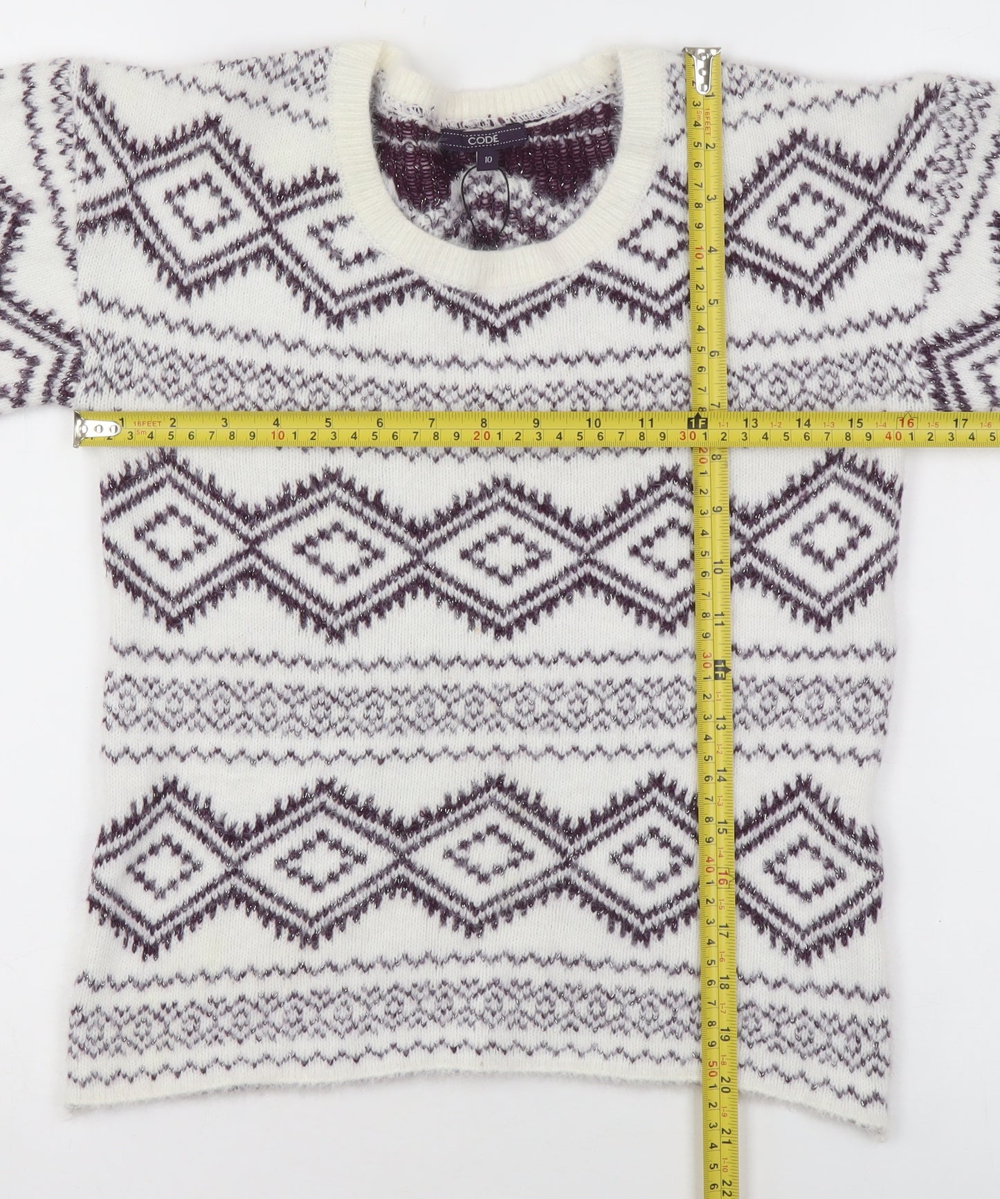 CODE Women White Geometric Knit Jumper Size 10 Winter Pullover