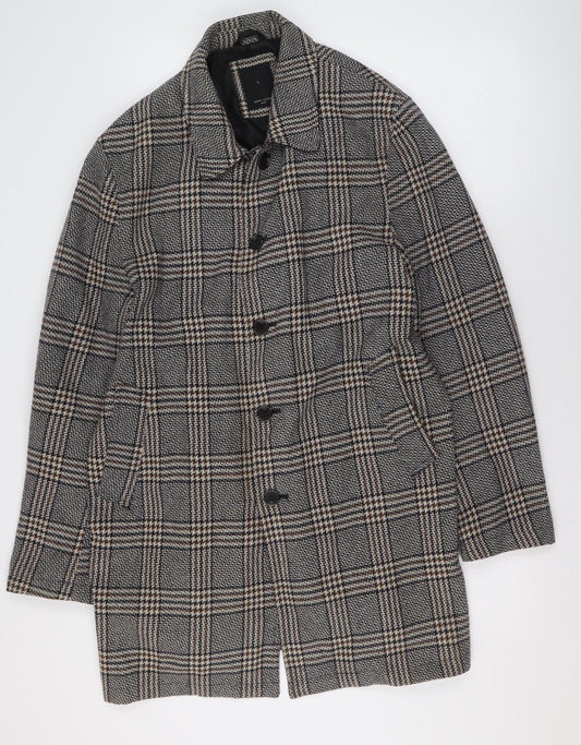 New Look Men Grey Check Wool Blend Mid-Length Coat L