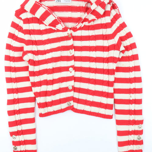 ZARA Womens Red Striped Collared Knit Button Cardigan Size 12