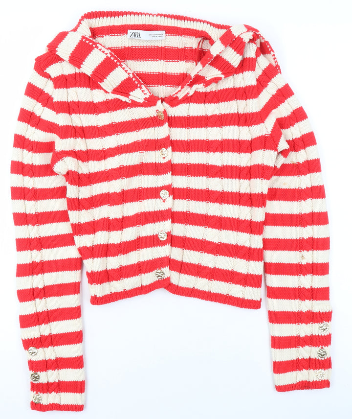 ZARA Womens Red Striped Collared Knit Button Cardigan Size 12