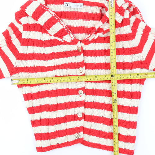 ZARA Womens Red Striped Collared Knit Button Cardigan Size 12