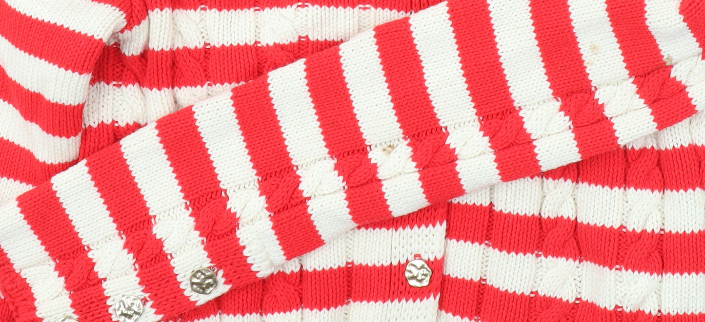 ZARA Womens Red Striped Collared Knit Button Cardigan Size 12