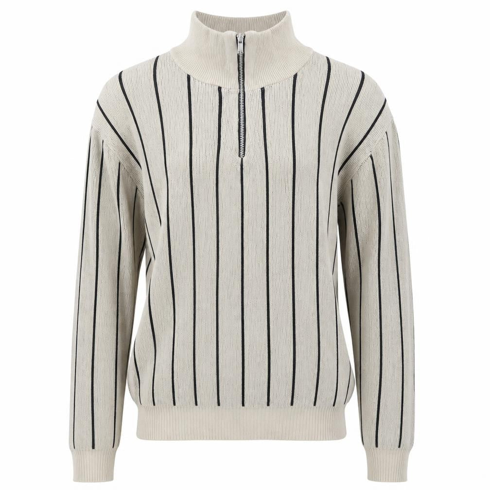 Front view of boohooMAN Men's Beige Striped 1/2 Zip Knit Sweatshirt, size S
