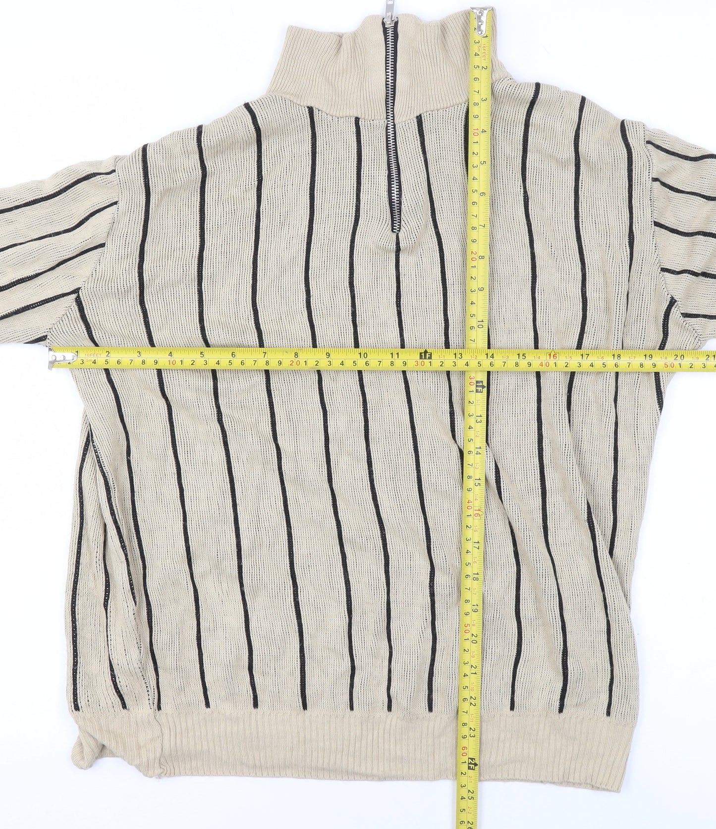 boohooMAN Men's Beige Striped 1/2 Zip Knit Sweatshirt Size S