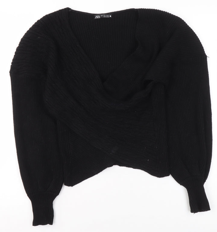 ZARA Women’s Black V-Neck Wrap Knit Jumper Size 12