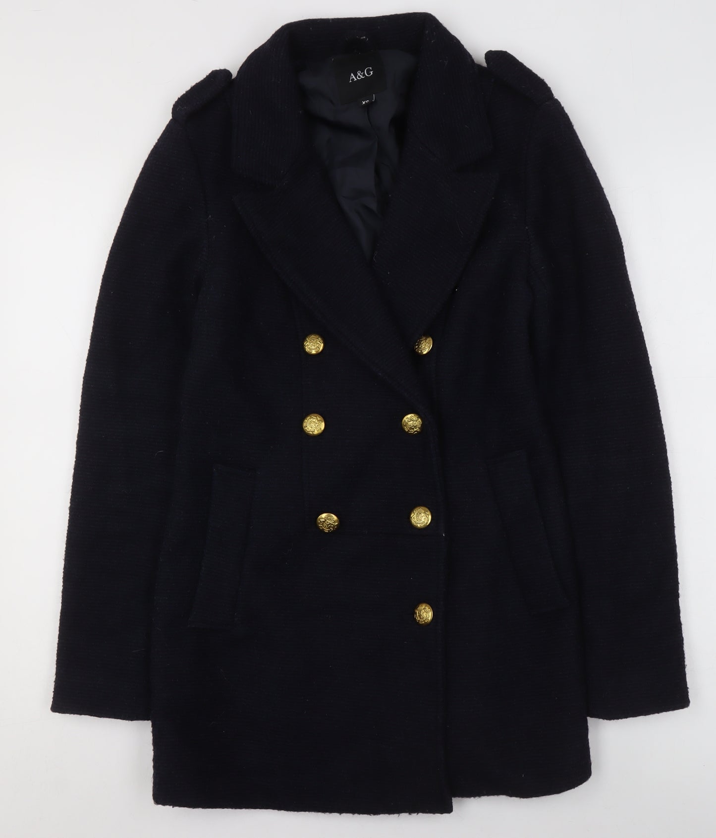 A&G Womens Black Wool Blend Double-Breasted Pea Coat XS