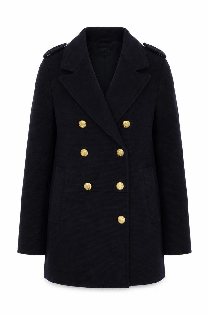 Front view of A&G women’s black wool blend double-breasted pea coat xs