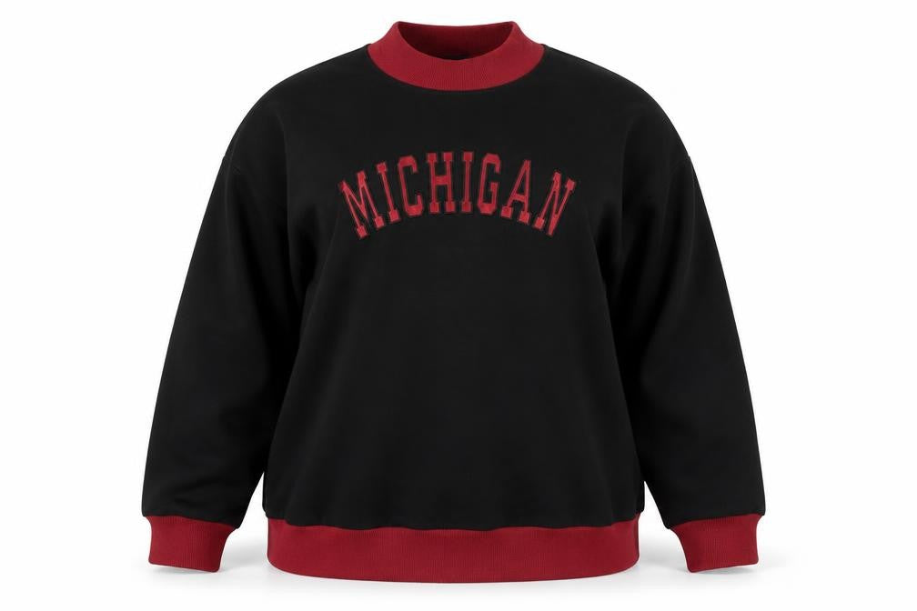 Front view of Boohoo women’s black red michigan pullover sweatshirt uk 18