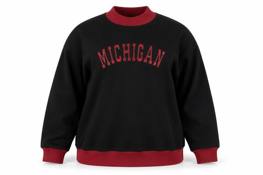 Front view of Boohoo women’s black red michigan pullover sweatshirt uk 18