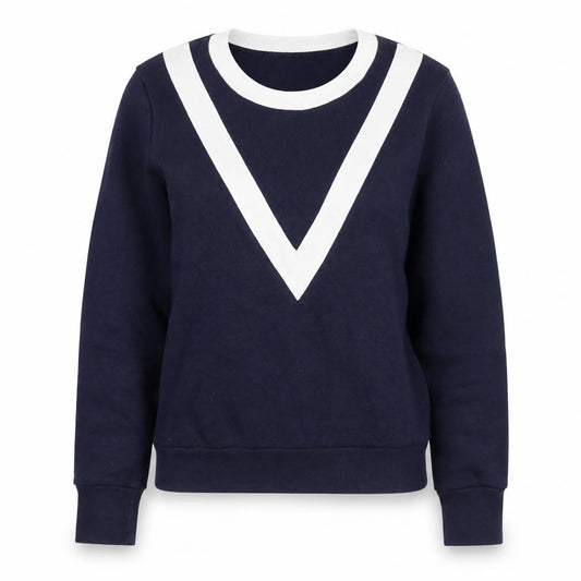 Front view of J.Crew women’s navy blue white v-neck pullover sweatshirt, size M