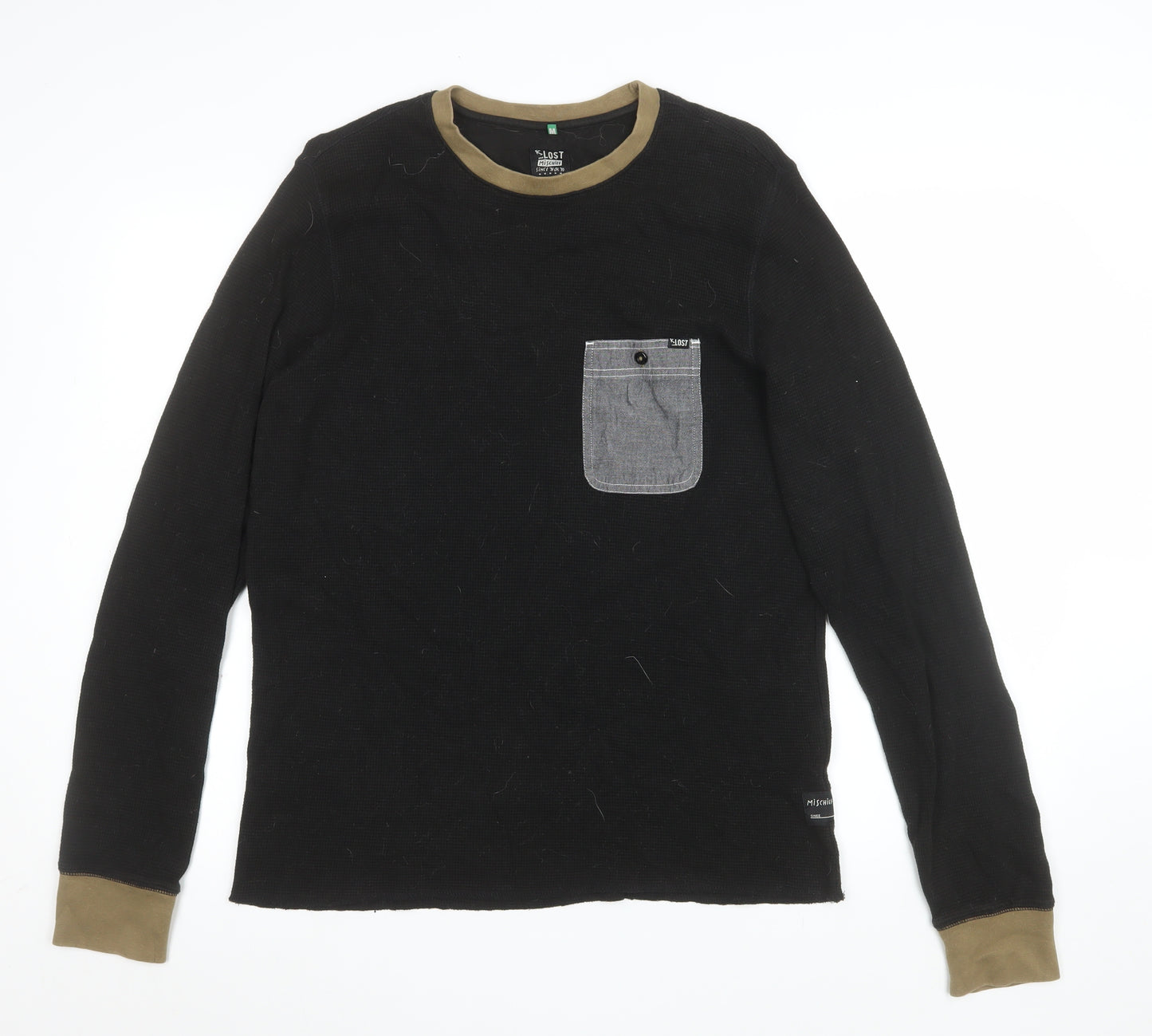 Lost Mischief Men's Black Cotton Crew Neck Pullover Sweatshirt M