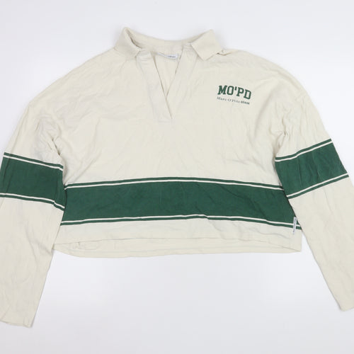 Marc O'Polo Women's Ivory Green Striped Cropped Rugby Shirt M