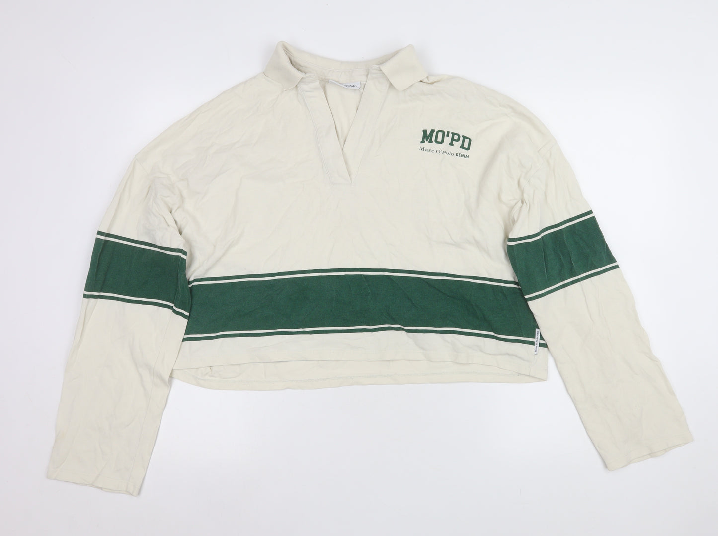 Marc O'Polo Women's Ivory Green Striped Cropped Rugby Shirt M