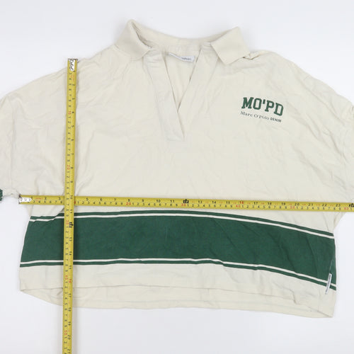 Marc O'Polo Women's Ivory Green Striped Cropped Rugby Shirt M