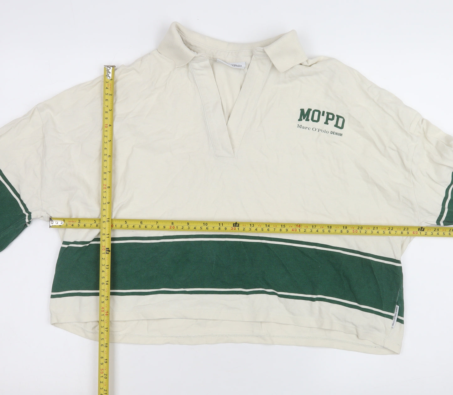 Marc O'Polo Women's Ivory Green Striped Cropped Rugby Shirt M