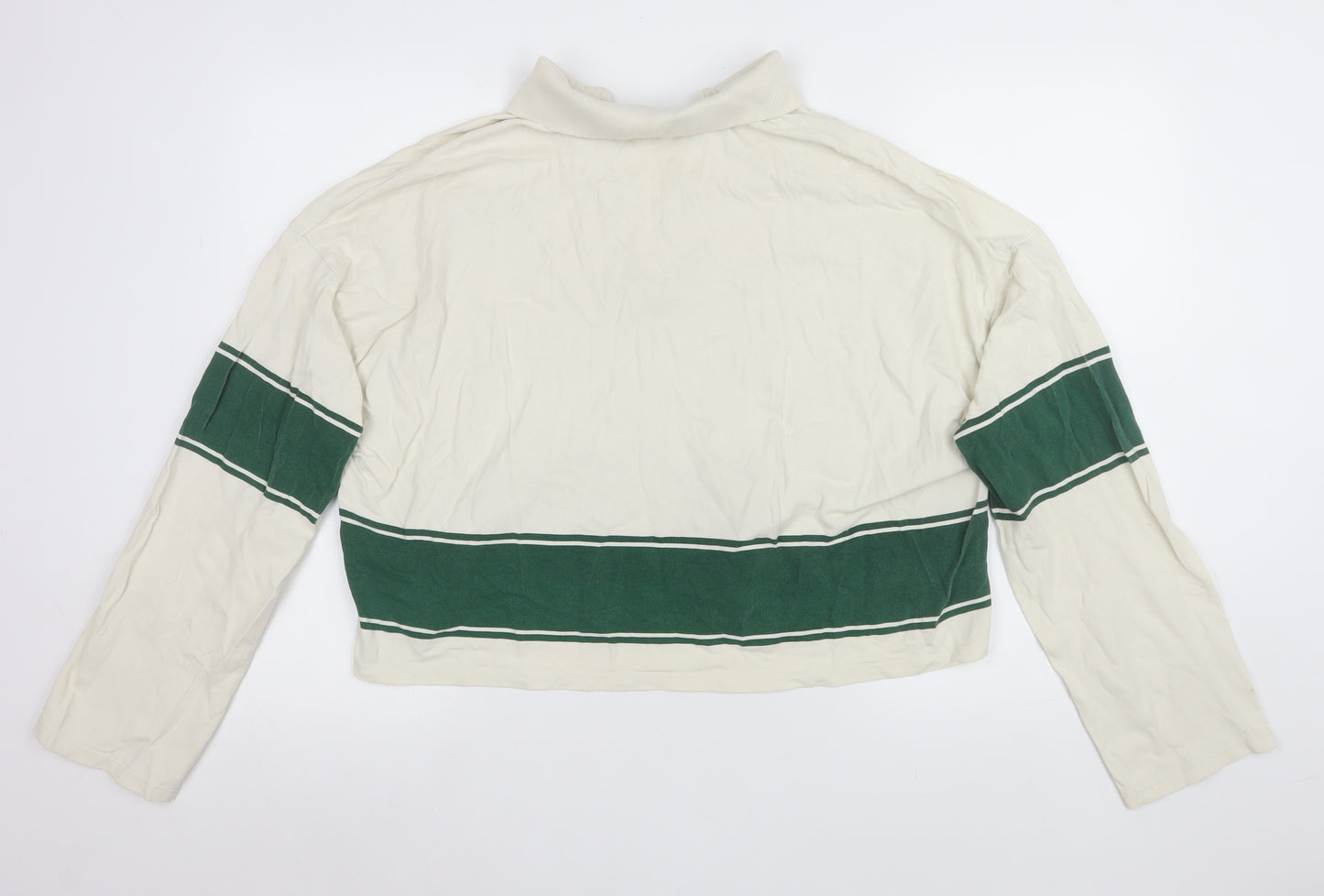 Marc O'Polo Women's Ivory Green Striped Cropped Rugby Shirt M