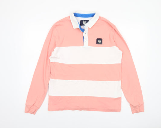 H&L Men’s Pink White Striped Long Sleeve Polo Shirt XS