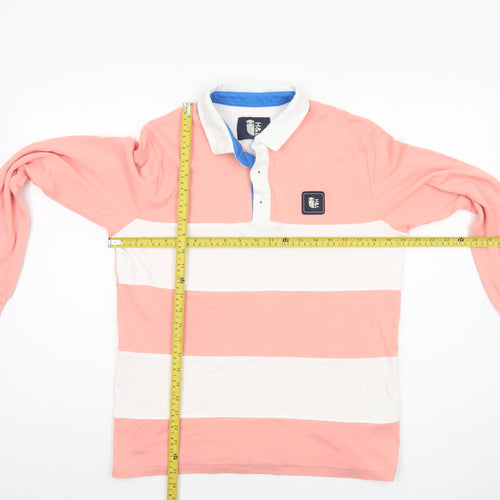 H&L Men’s Pink White Striped Long Sleeve Polo Shirt XS