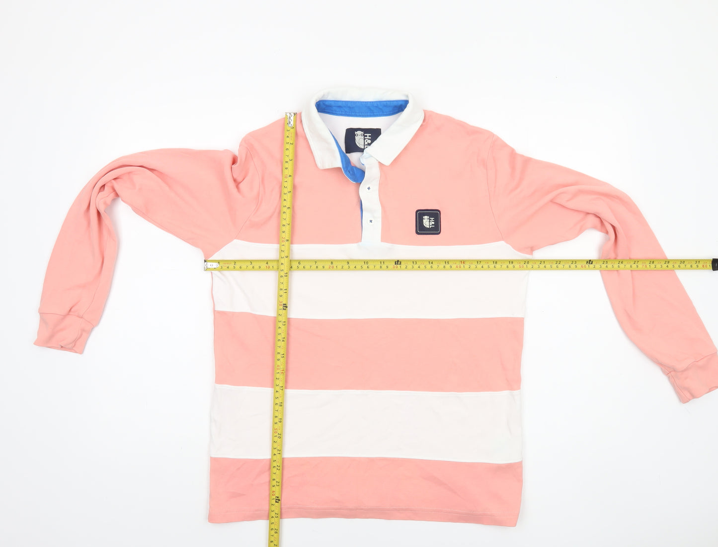 H&L Men’s Pink White Striped Long Sleeve Polo Shirt XS