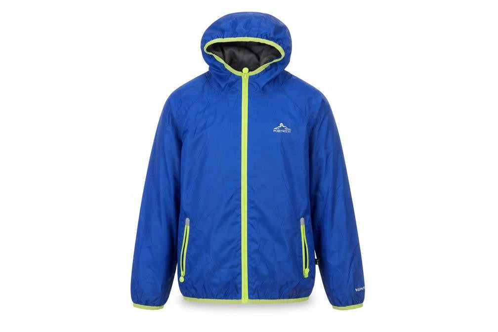 Front view of Portwest boys’ blue waterproof windbreaker jacket 11-12 years