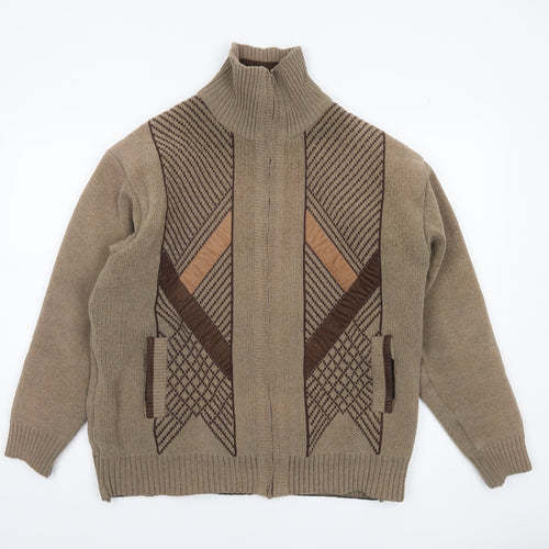 ZSZ Menswear Men’s Beige Wool Blend Full Zip Jumper L High Neck Geometric Knit