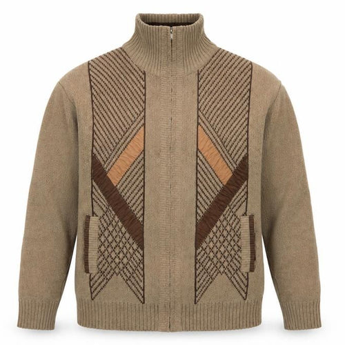 ZSZ Menswear Men’s Beige Wool Blend Full Zip Jumper L High Neck Geometric Knit