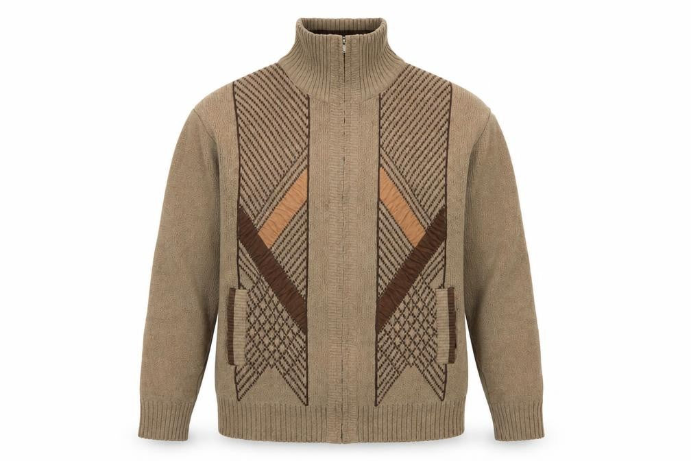 ZSZ Menswear Men’s Beige Wool Blend Full Zip Jumper L High Neck Geometric Knit