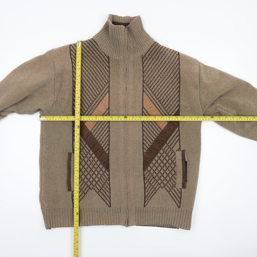 ZSZ Menswear Men’s Beige Wool Blend Full Zip Jumper L High Neck Geometric Knit