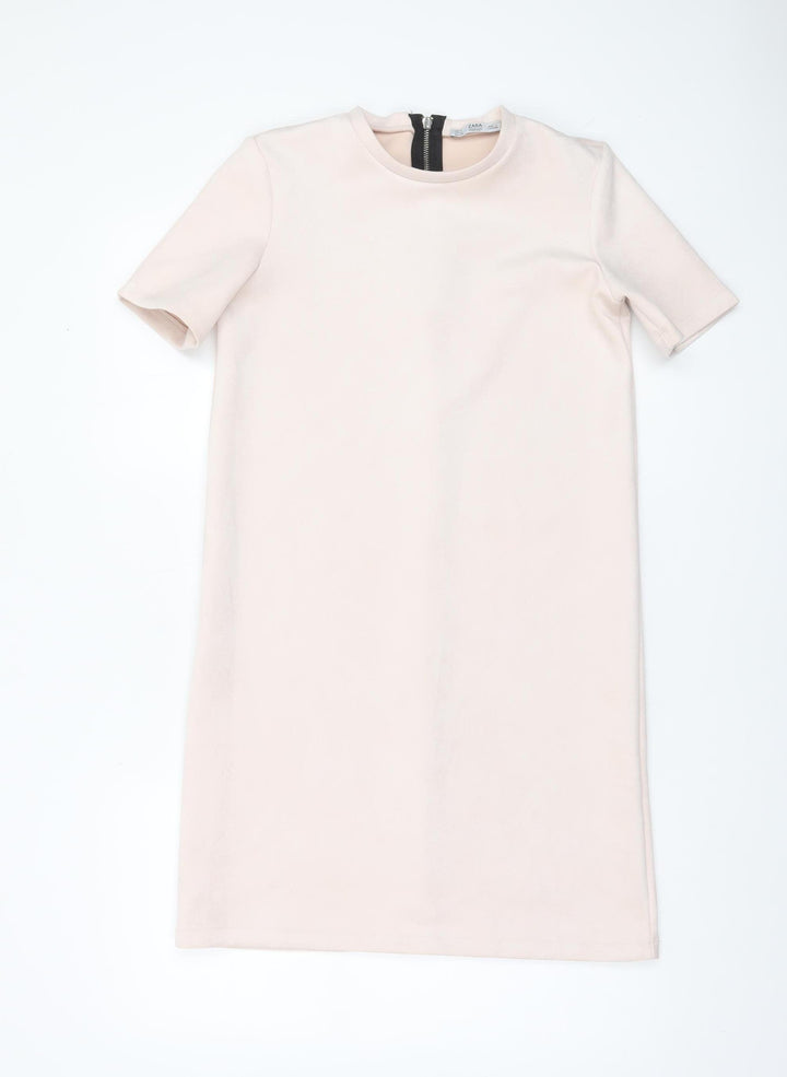 Zara Women Beige Short Sleeve Shift Dress Size S