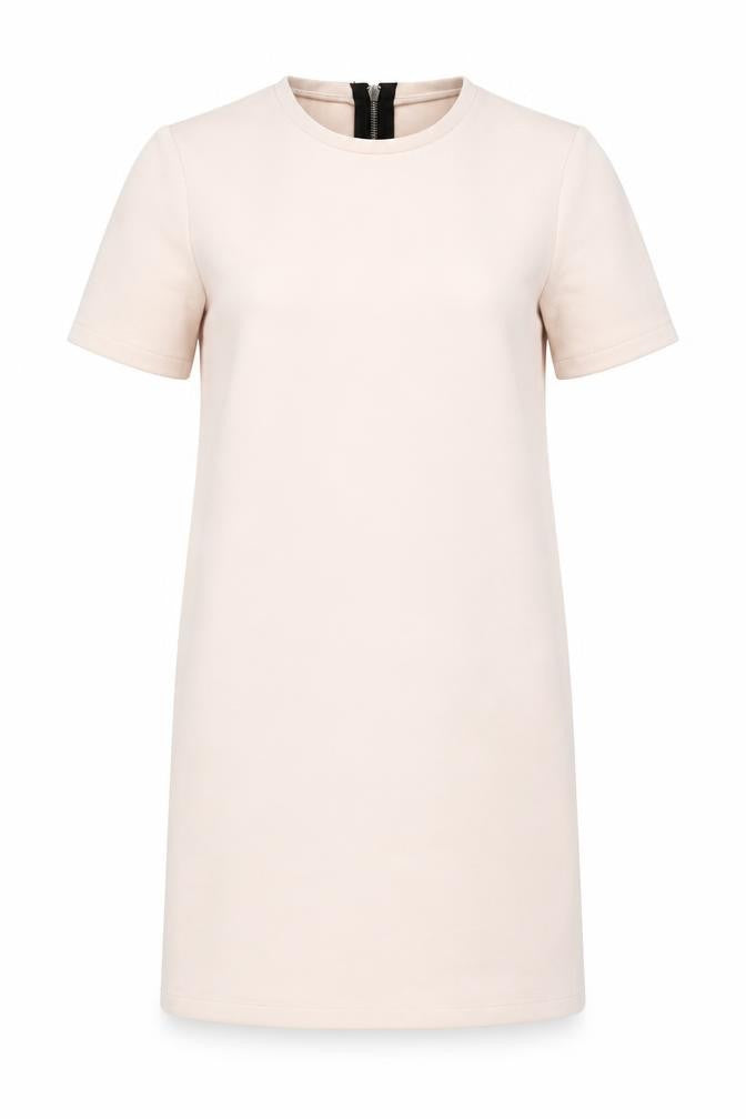 Front view of Zara Women Beige Short Sleeve Shift Dress, size S