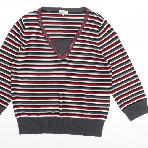 CC Womens Multicoloured V-Neck Striped Beaded Long Sleeve Jumper Size L