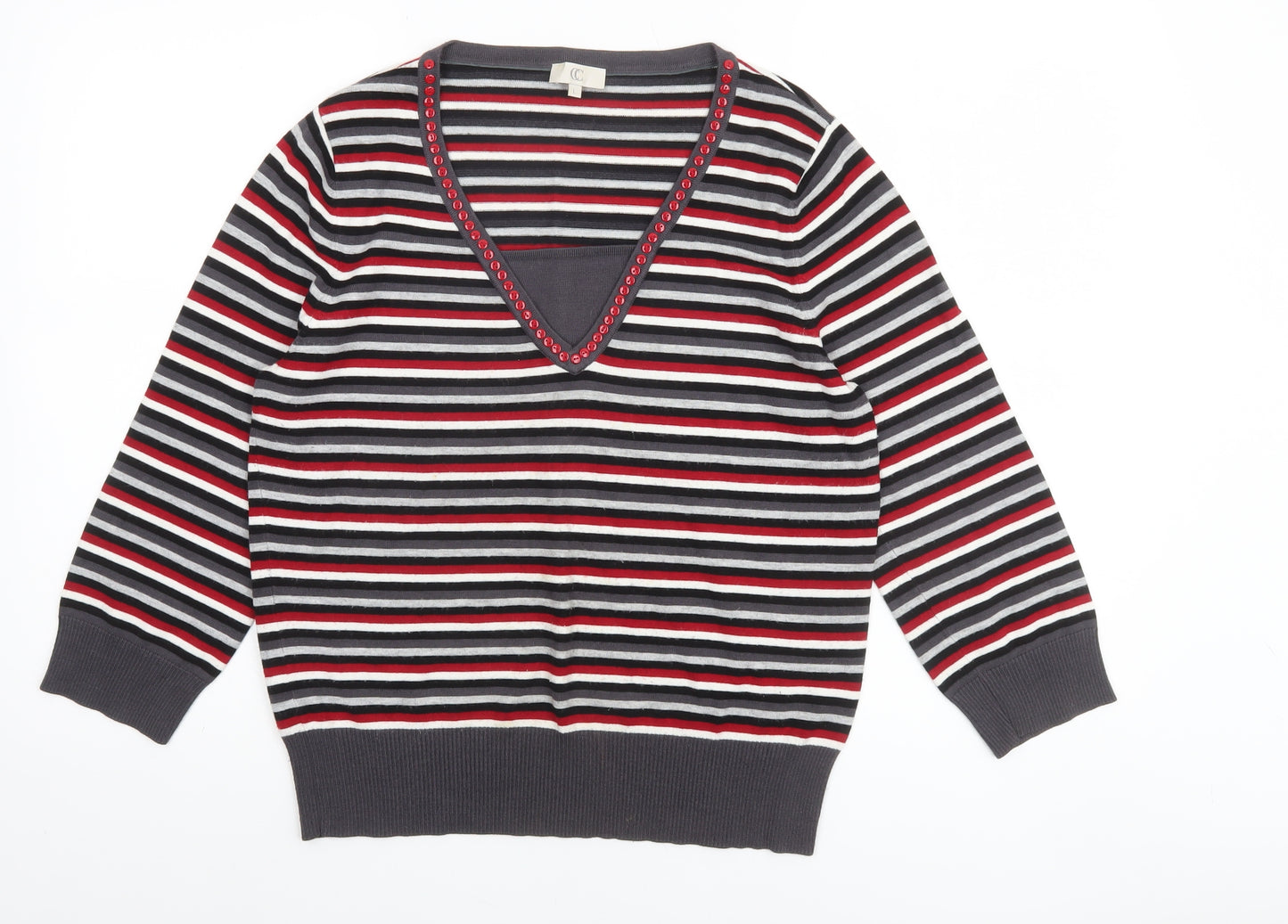 CC Womens Multicoloured V-Neck Striped Beaded Long Sleeve Jumper Size L